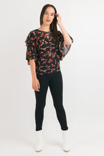 Double Layer Sleeve Top - Black Floral print
