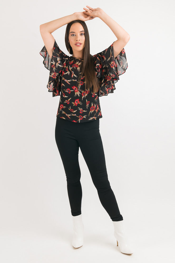 Double Layer Sleeve Top - Black Floral print